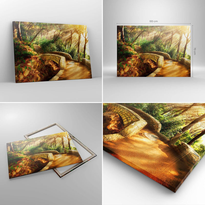 Bilder auf Leinwand 100x70cm Leinwandbild Pfad Steinbrücke Wald Herbst Gross Wanddeko Bild Schlafzim