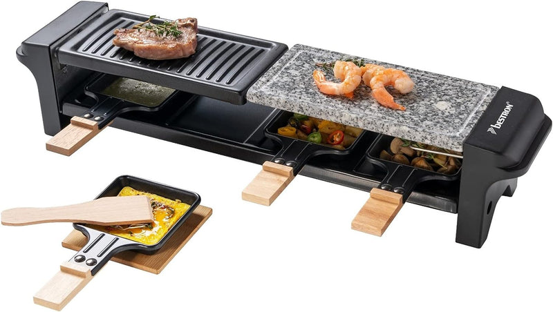 Bestron Raclette Grill für 4 Personen, Elektrischer Tischgrill mit 4 Pfännchen, 4 Holzschaber & 4 Un