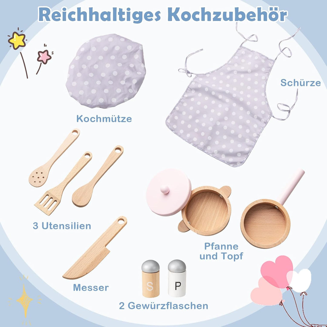 DREAMADE Kinderküche Holz mit 10 TLG. Zubehör, Kinder Küche mit Waschbecken Herd Backoffen, Mini Hol