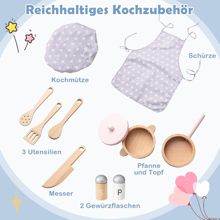 DREAMADE Kinderküche Holz mit 10 TLG. Zubehör, Kinder Küche mit Waschbecken Herd Backoffen, Mini Hol