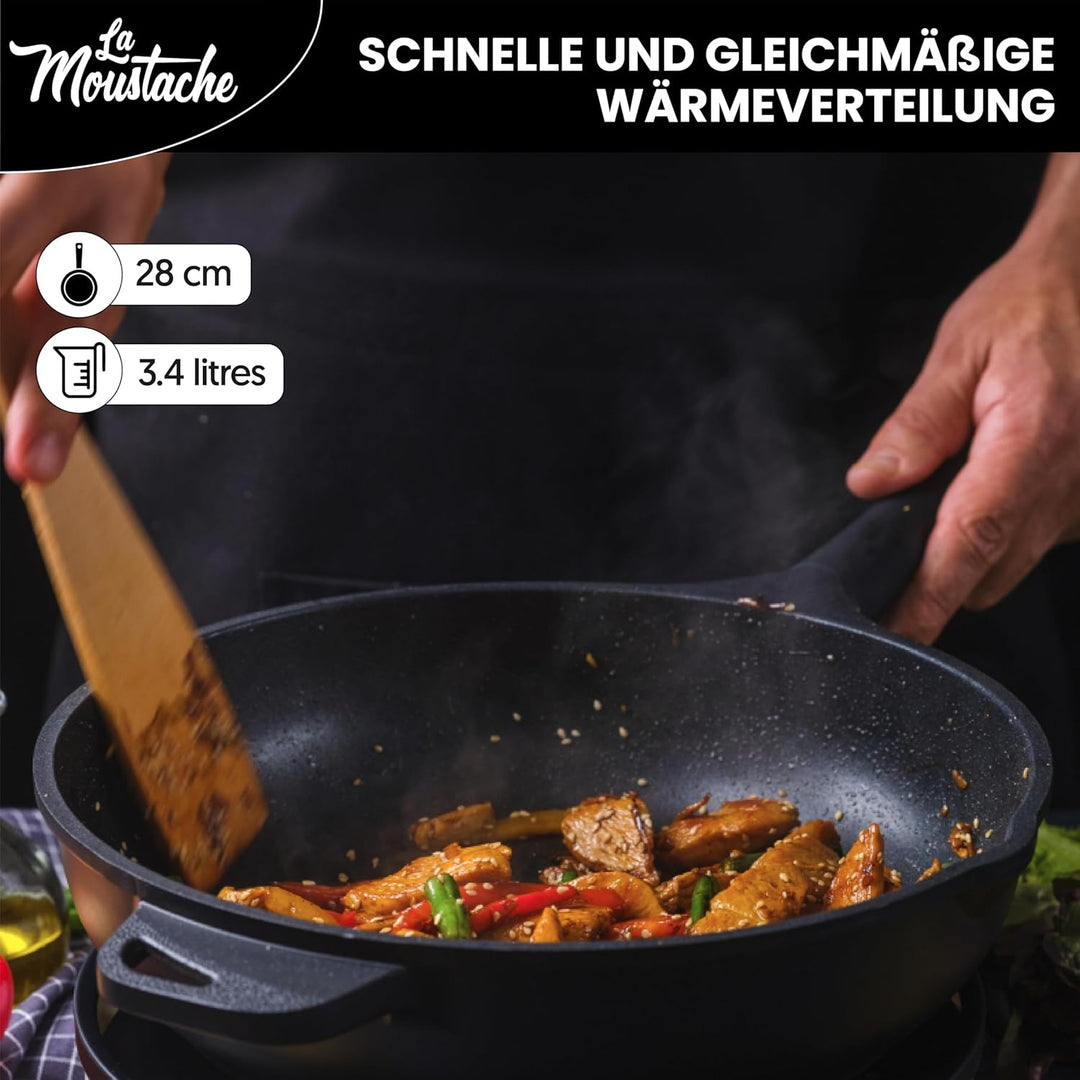 La Moustache - Pfanne 28 cm mit Glasdeckel, 100% PFOA-Freie, Optimale Wärmeverteilung - Antihaftbesc
