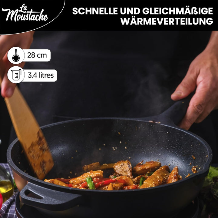 La Moustache - Pfanne 28 cm mit Glasdeckel, 100% PFOA-Freie, Optimale Wärmeverteilung - Antihaftbesc