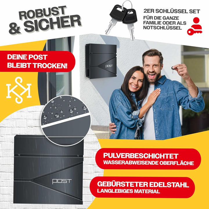 KESSER® Briefkasten mit Zeitungsfach Wandmontage Wandbriefkasten Edelstahl, 2X Schlüssel abschliessb