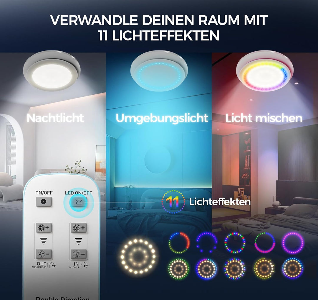 Abluftventilator 100mm - 11 Lichteffekte, 2 Richtungen Ventilaton, 6 Geschwindigkeiten, Leiser Badlü