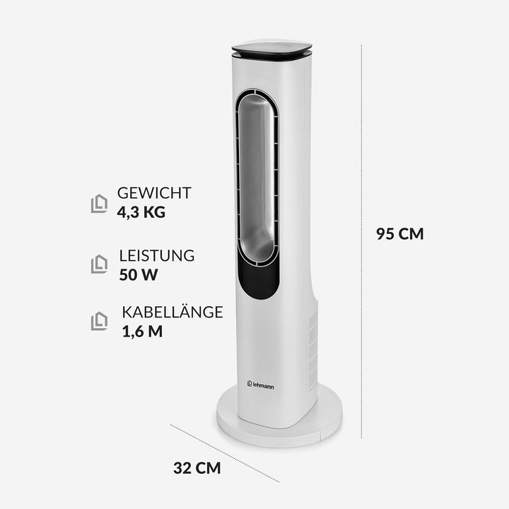 LEHMANN Turmventilator mit Fernbedienung & LED-Display, leiser Ventilator mit Schlafmodus, 15 h Time