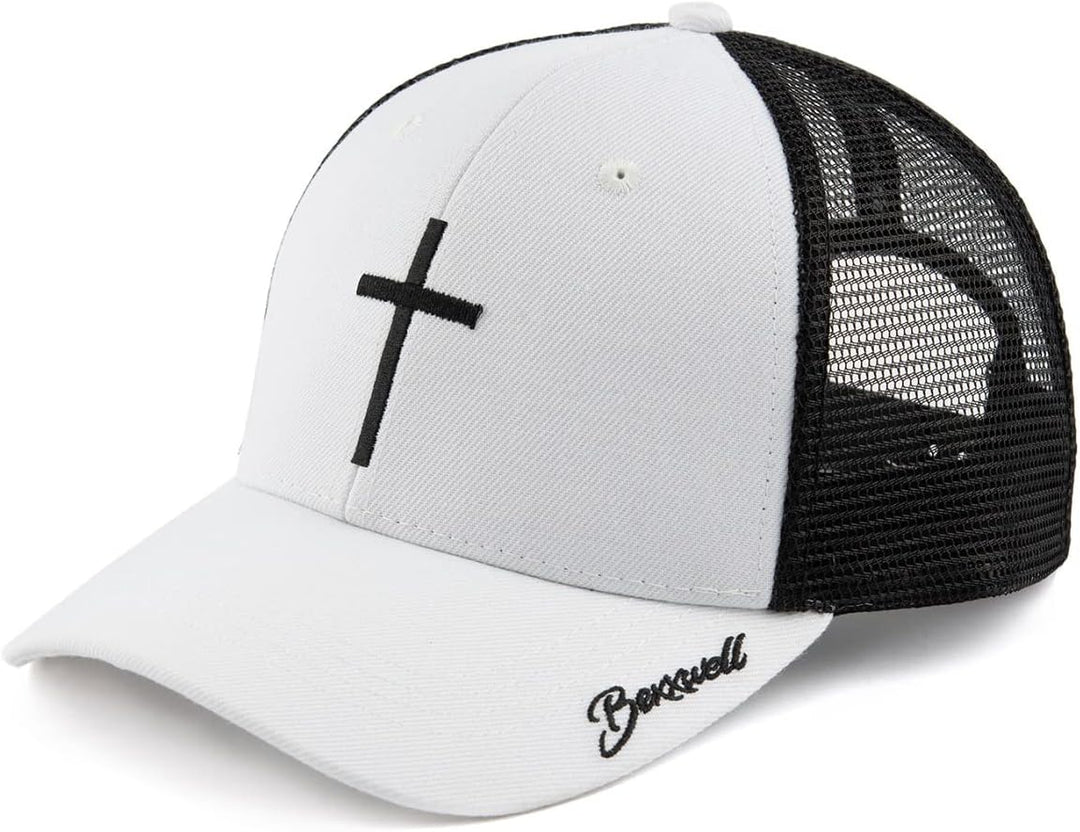 Bexxwell Trucker Cap weiss schwarz mit Kreuz-Stickerei (optimale Passform, Kappe, White, Black, Truc