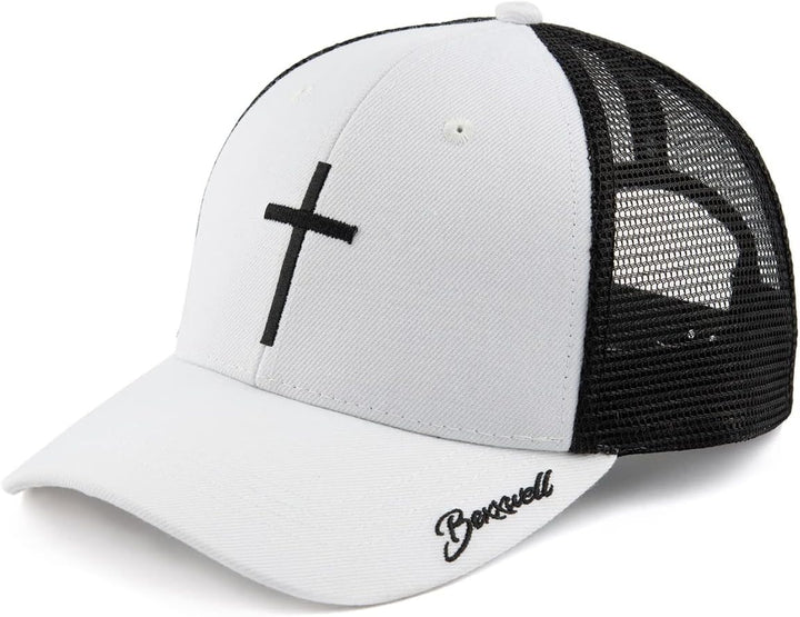 Bexxwell Trucker Cap weiss schwarz mit Kreuz-Stickerei (optimale Passform, Kappe, White, Black, Truc