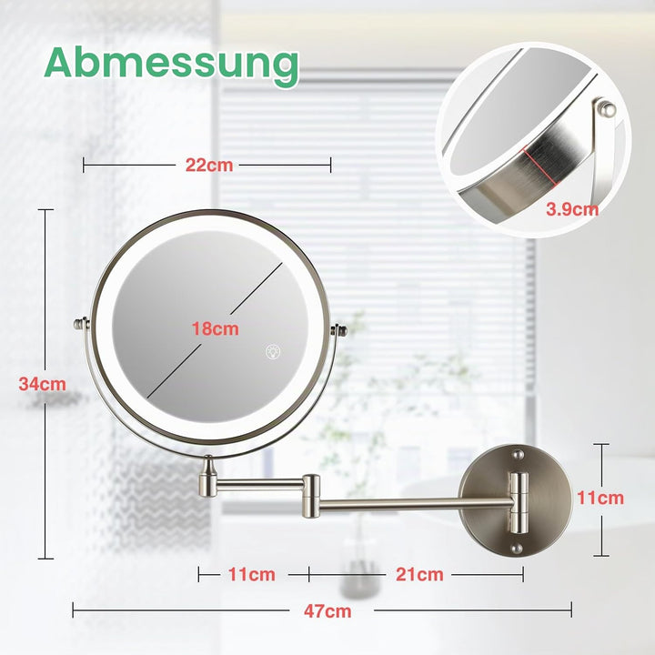 30X/1X wandmontierter Beleuchtungsspiegel für Kosmetik: 8,5 Zoll (21,6 cm) zweiseitig, 3 Farbmodi, U