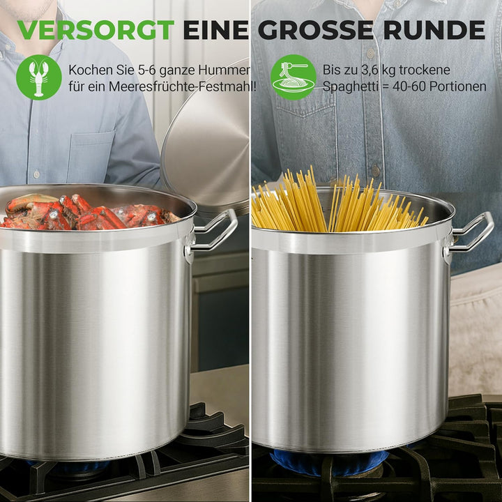 NutriChef Edelstahl Kochtopf 28,4L Induktion – Suppentopf mit Deckel, Profiqualität für Gastronomie