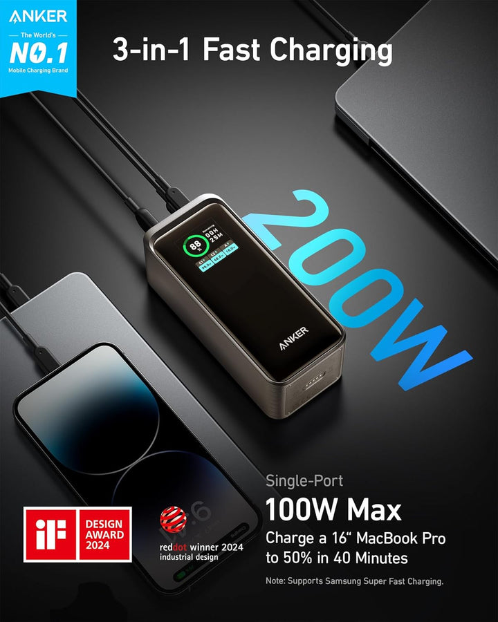 Anker Prime Powerbank, 20.000mAh externer Akku mit 200W Leistung, Digitales Display, 2X USB-C und 1x