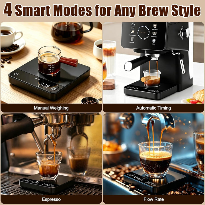 Mini-Kaffewaage mit Timer, 2kg/0,1g, Wiederaufladbar, 4 Brühmodi, Einstellbare Brühverhältnisse, Dur