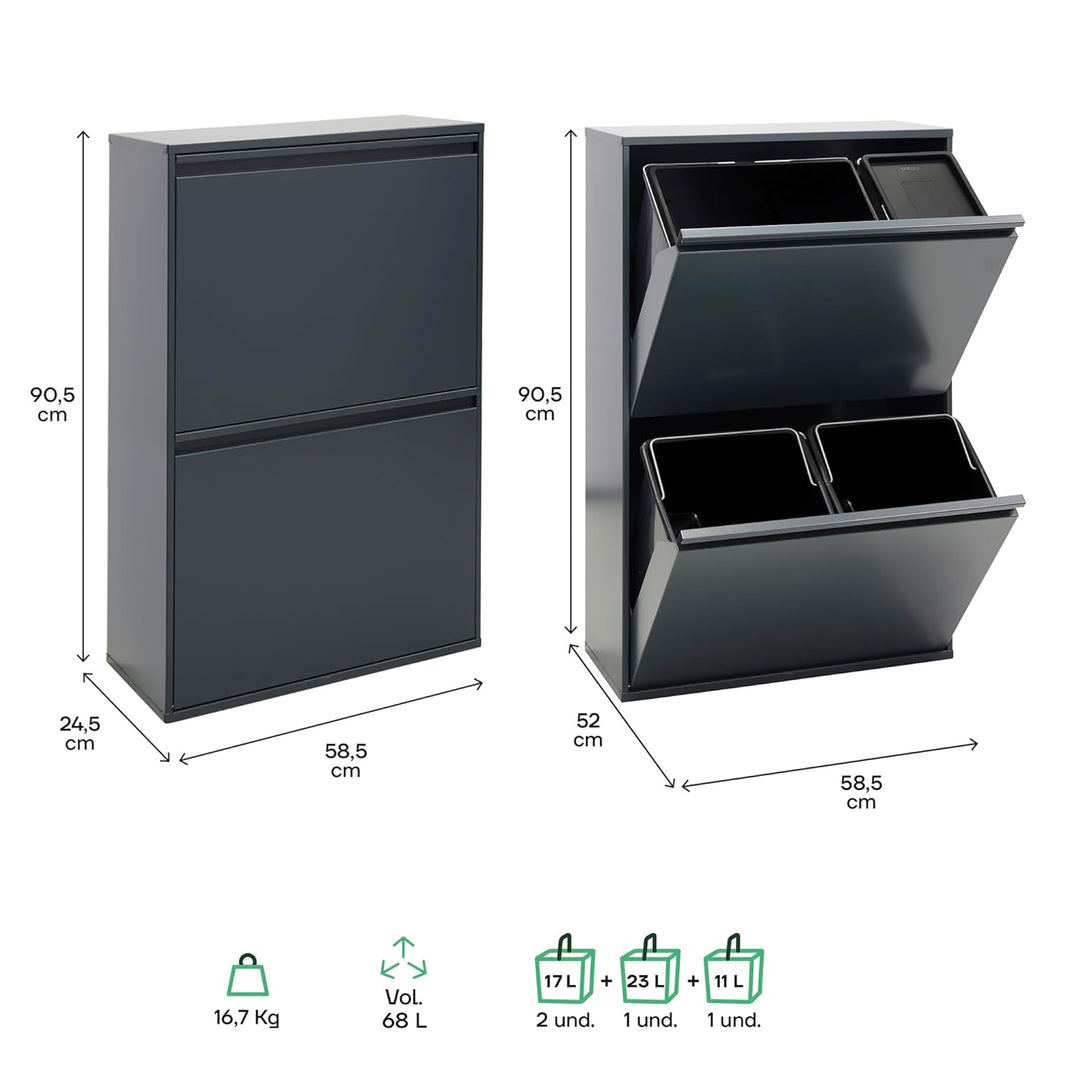 ARREGUI Basic CR604-B2 Mülltrennsystem aus Stahl | 4 Fächer Mülleimer für die Küche | 1 Extra Grosse