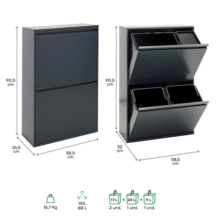 ARREGUI Basic CR604-B2 Mülltrennsystem aus Stahl | 4 Fächer Mülleimer für die Küche | 1 Extra Grosse