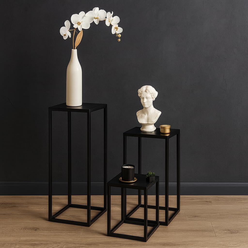3er Set Pflanzenständer Blumenständer Metall schwarz, Blumensäule Dekoständer Regal Beistelltisch 3