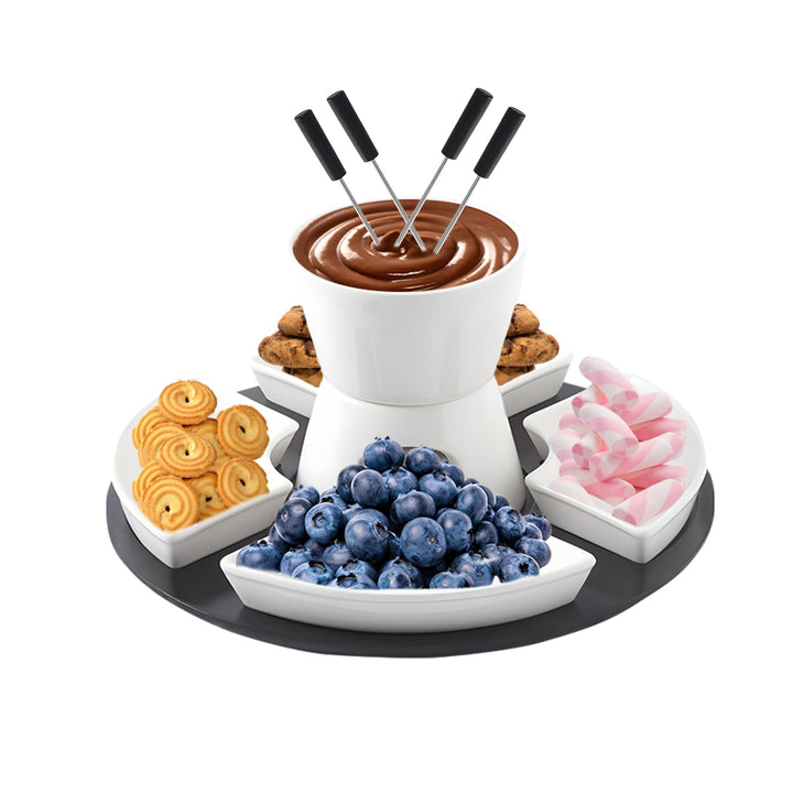Keramik Schokofondue, Fondueset mit Holzpalette, 4 Gabeln, 4 Snackschalen, Schokobrunnen mit Schmelz