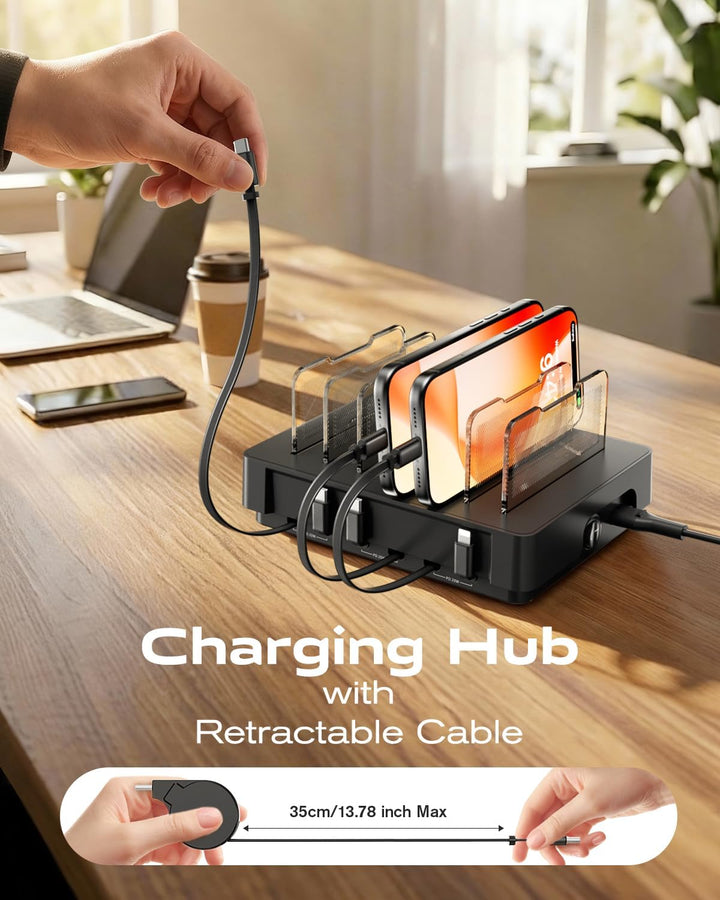 SooPii HomeHub H1 Ladestation, 60 W mit 6 austauschbar einziehbaren Kabeln (4×C-C & 2×C-iP), mit mag