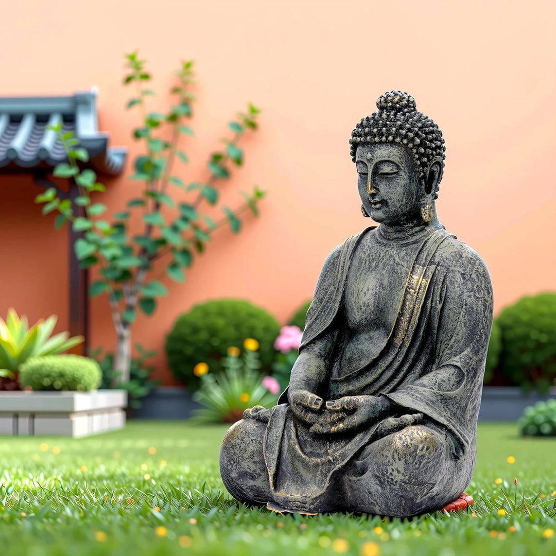 Buddha Figur Garten Gross 38cm - Sitzende Buddha Statue Wetterfest & Frostsicher aus Polyresin - Gar