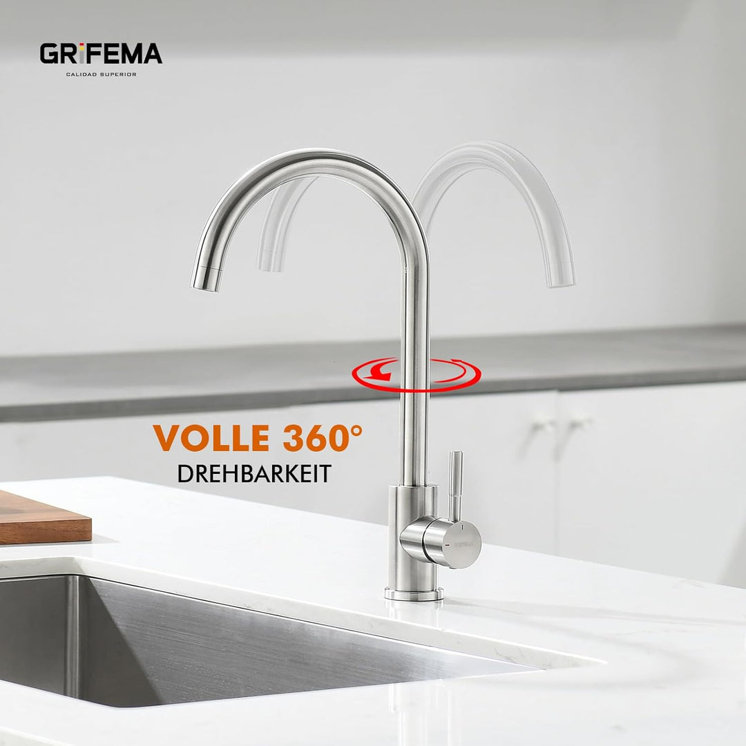 GRIFEMA Küchenarmatur Mischbatterie 360° Drehung- Wasserhahn Küche Edelstahl, Spültischarmatur mit H