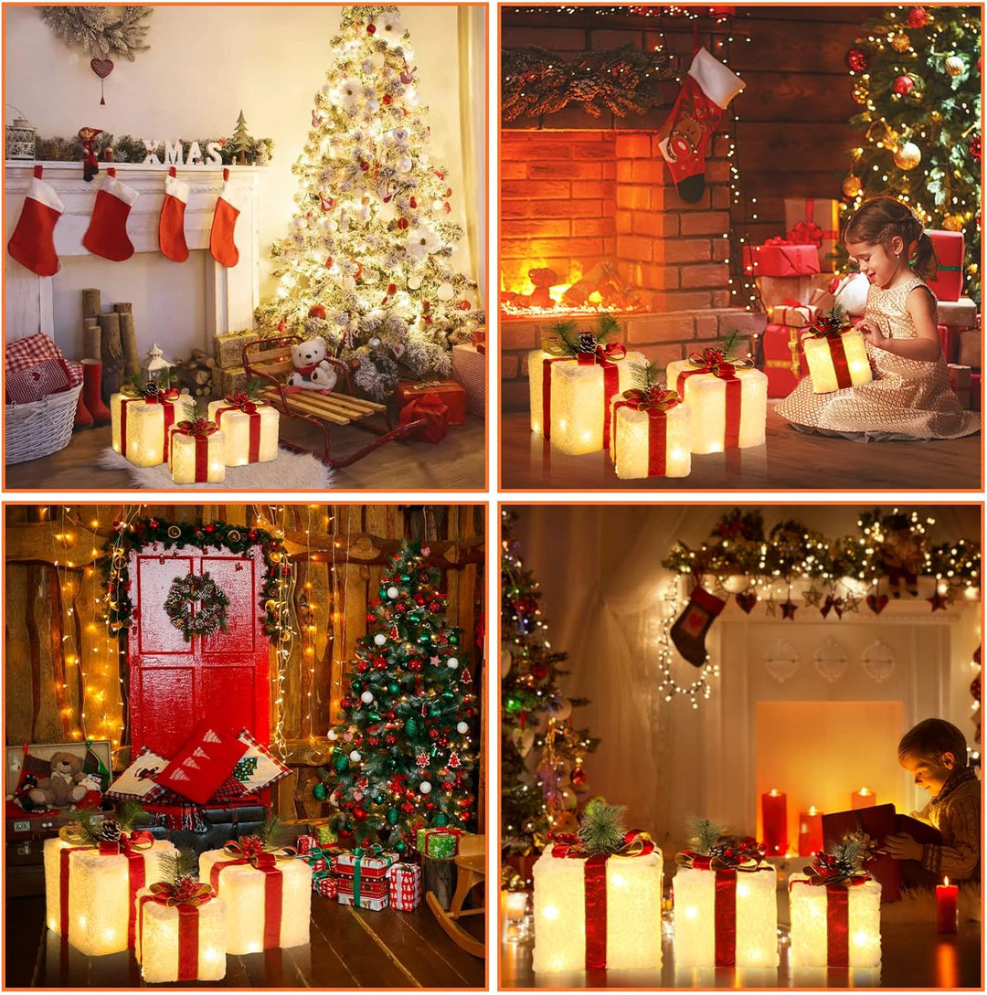 ELKTRY LED Geschenkbox, Weihnachtsdeko mit 60 LED 3 Set aussen innen, Beleuchte Weihnachtenbox mit b