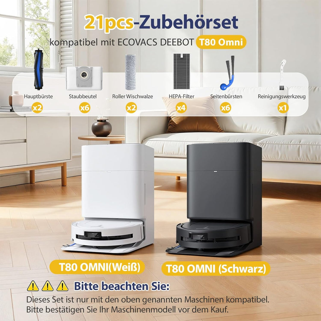 21 Stück Zubehör Kompatibel mit ECOVACS DEEBOT T80 Omni Saugroboter, mit 2 Hauptbürste, 6 Staubbeute