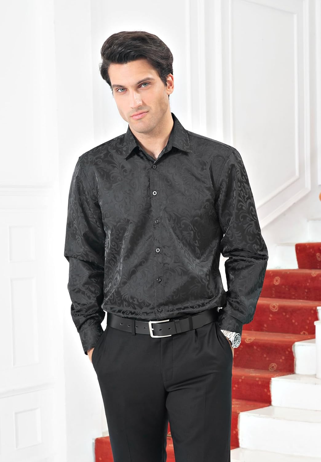 HISDERN Herren Paisley Hemd Langarm Satin Blumen Muster Hemd für Männer Jacquard Stickerei Freizeith