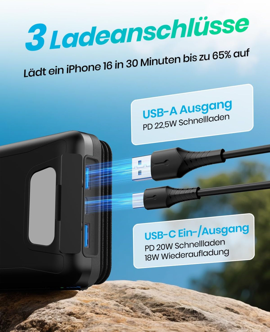 Solar Power Bank - A ADDTOP Solar Ladegerät Tragbares Powerbank Schnelles Aufladen Noir, Noir