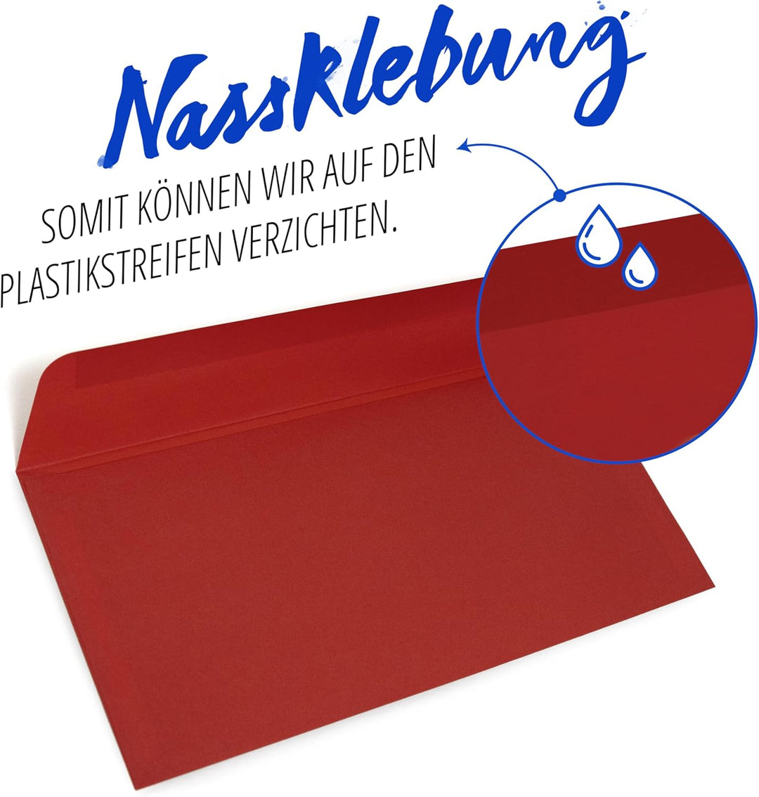Briefumschläge (100 Stück) aus Papier, Kuvert, Umschlag ohne Fenster - DIN lang - 220 x 110 mm - rot