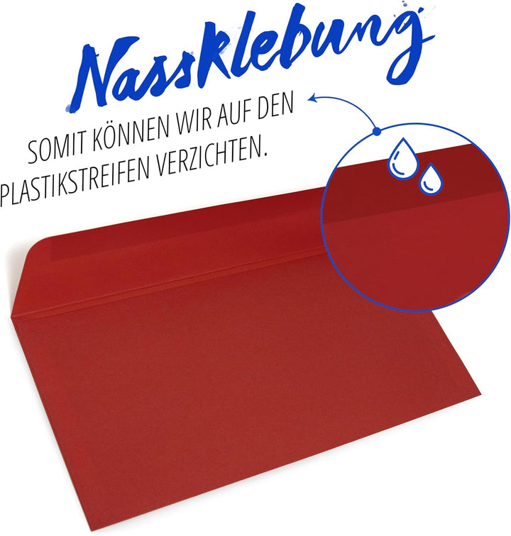 Briefumschläge (100 Stück) aus Papier, Kuvert, Umschlag ohne Fenster - DIN lang - 220 x 110 mm - rot