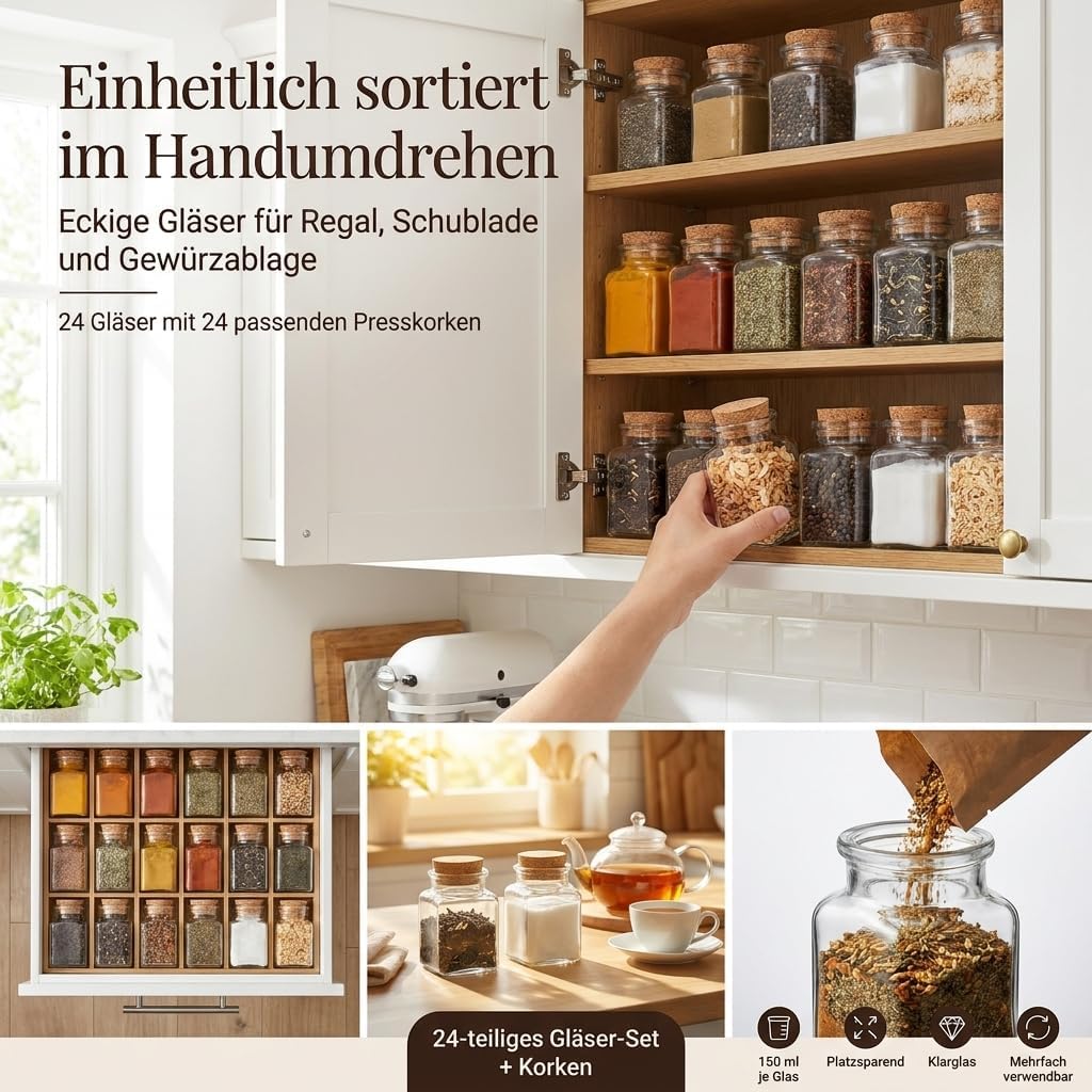 gouveo 24er Set Gewürzgläser 150 ml eckig mit Korken - Kleine Korkengläser mit Korkverschluss - Leer