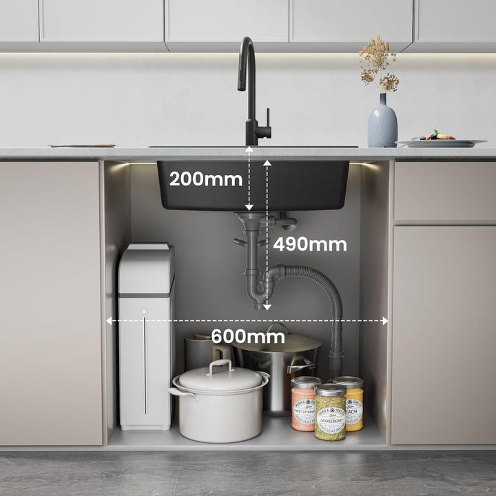 CECIPA Spülbecken Schwarz Granit 60 x 45 cm, Küchenspüle mit Siebkorb, Waschbecken Küche, Spüle Schw