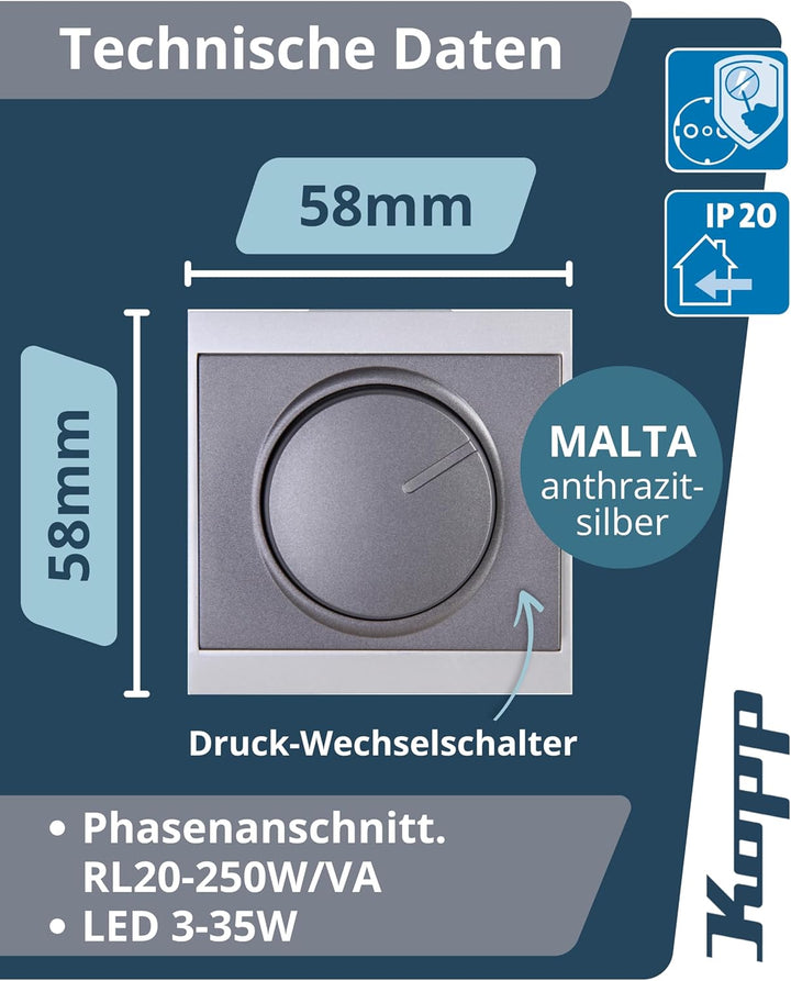 Kopp Malta anthrazit, Druck-Wechsel-Schalter, Kombigerät, LED-Dimmer, für Glüh-Lampen, 230V Halogenl
