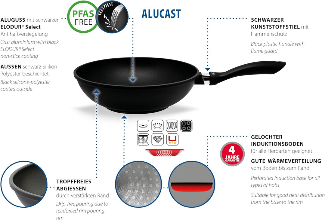 ELO 91518 Alucast Wokpfanne 28cm, Aluguss, Schwarz Alucast 28 cm, Alucast 28 cm
