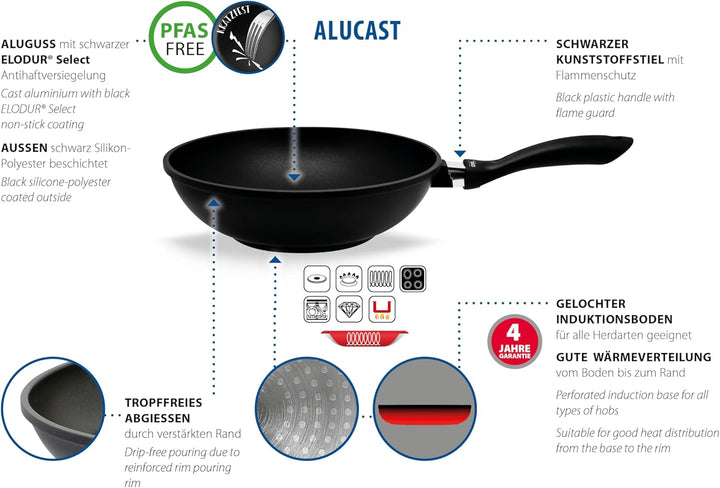 ELO 91518 Alucast Wokpfanne 28cm, Aluguss, Schwarz Alucast 28 cm, Alucast 28 cm