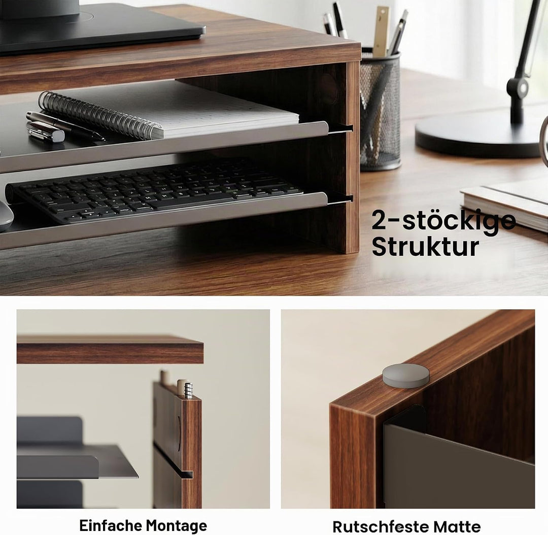 Fenge Monitorständer, Monitorerhöhung mit Ablage, Holz und Metall, Schreibtisch-Organizer für Zuhaus