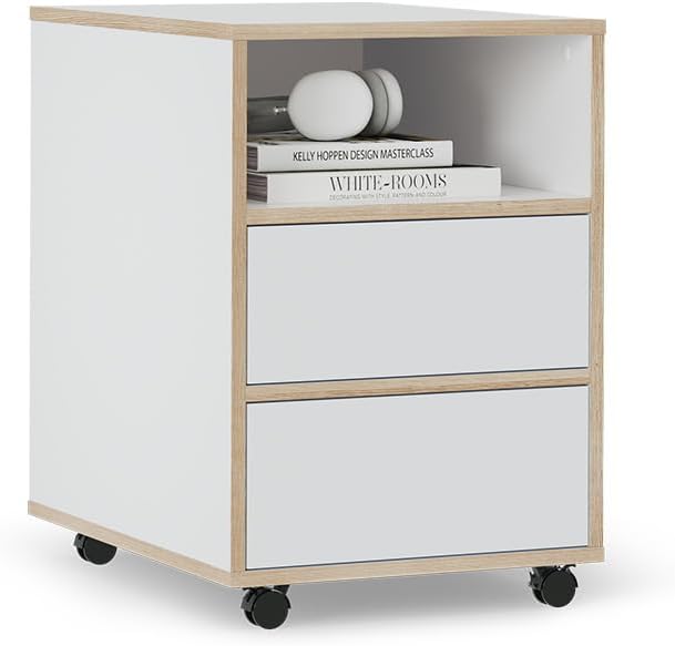 Vicco Rollcontainer Tetrix, Weiss, 42 x 55 cm mit Regalen und 2 Schubladen, Weiß