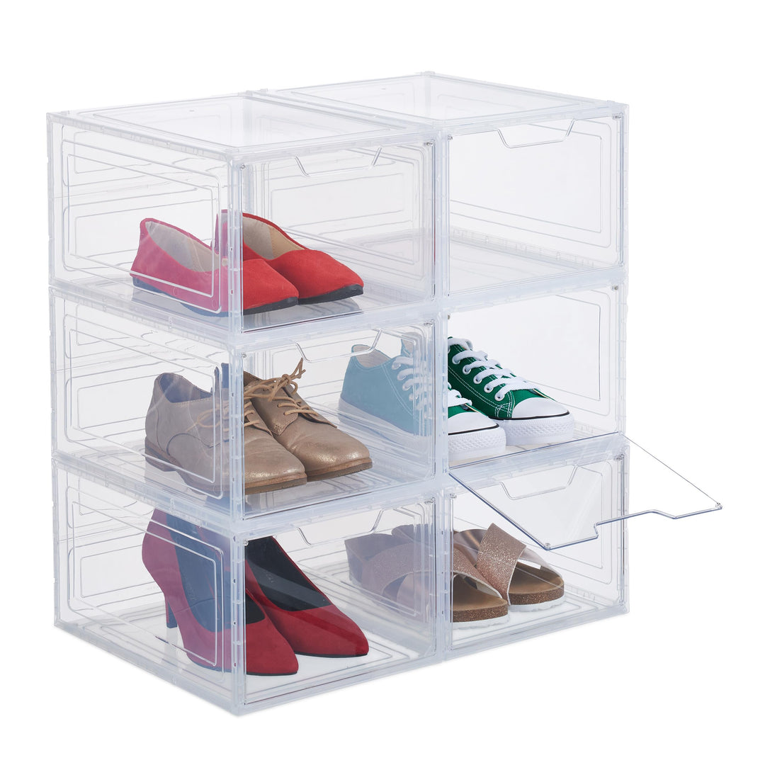Relaxdays Schuhboxen 6er Set, mit Tür, Schuhorganizer, stapelbar, für Schuhe bis Grösse 50, Sneaker