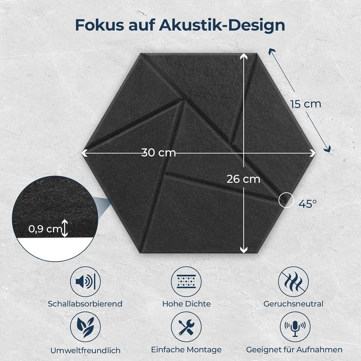 12 Stück Hexagon Akustikplatten Selbstklebend, 30 x 26 x 0,9 cm Hohe Dichte Schallschutzplatten, Aco