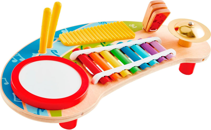 Hape Multifunktionale Miniband, Musikspielzeug für Kleinkinder mit Trommel, Xylophon, Becken, Scratc