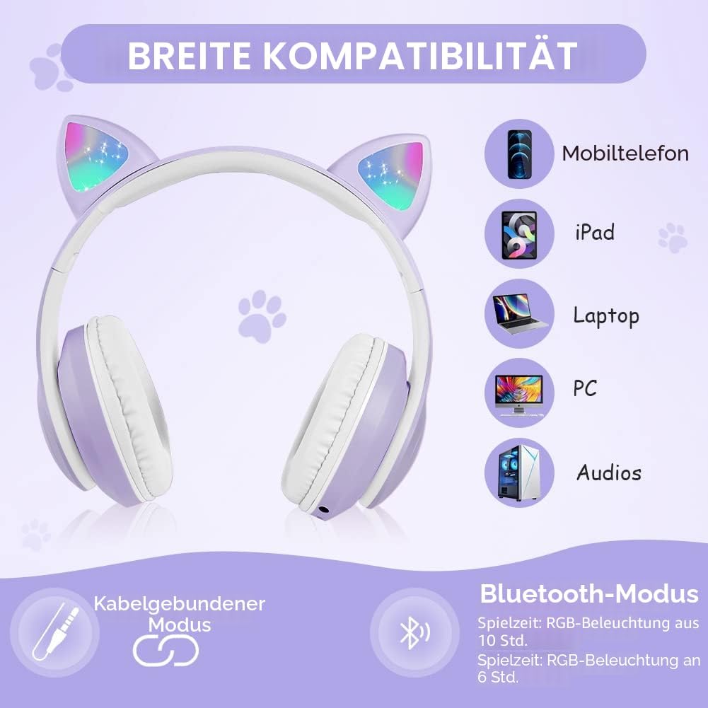 AXFEE Kinderkopfhörer Bluetooth, Katzenohr Over-Ear mit LED-Licht, Faltbar, Stereo, Kabellos mit Mik