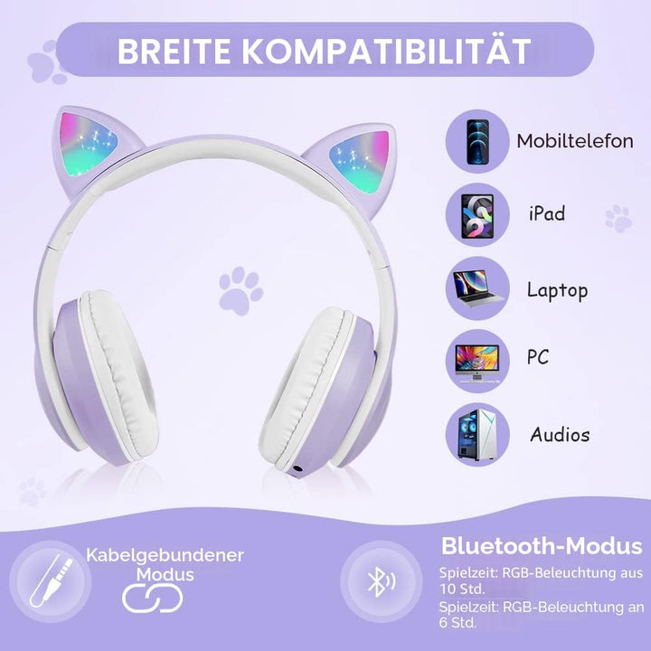 AXFEE Kinderkopfhörer Bluetooth, Katzenohr Over-Ear mit LED-Licht, Faltbar, Stereo, Kabellos mit Mik