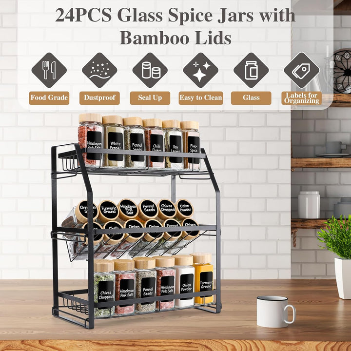 Lannvan Gewürzgläser Eckig, [24x 120ml] Gewürzgläser mit Streueinsatz, Gewürzgläser mit Bambusdeckel