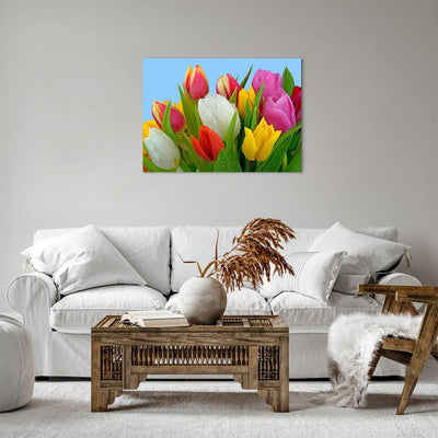 Bilder auf Leinwand Tulpen Blumenstrauss Blumen Tau Leinwandbild 70x50cm Wandbilder Dekoration Wohnz