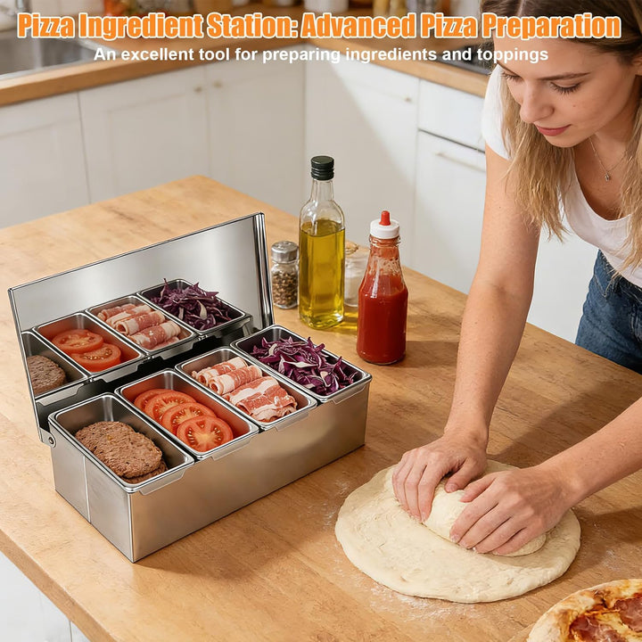 Multi Zutatenbehälter mit Löffel, Pizza Zutatenbehälter aus 304 Edelstahl mit 4 Fächern für Pizza-Be