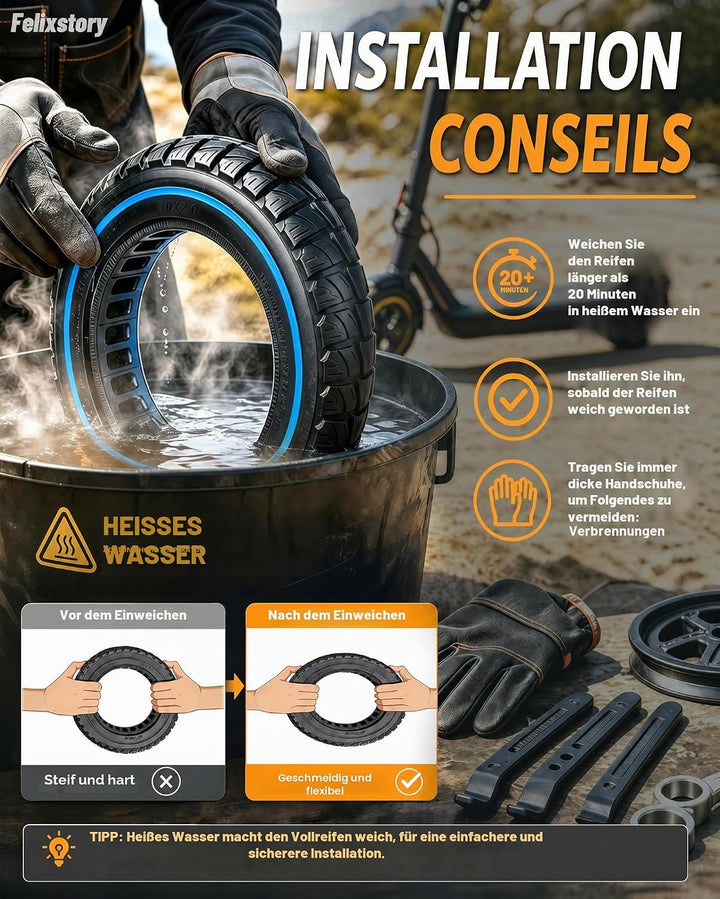 Robuster Reifen, 10 x 2 Zoll, Ersatz für Originalreifen 10x2.125 10x2/54-152 8.5x2.0 50/75-6.1 8 1/2