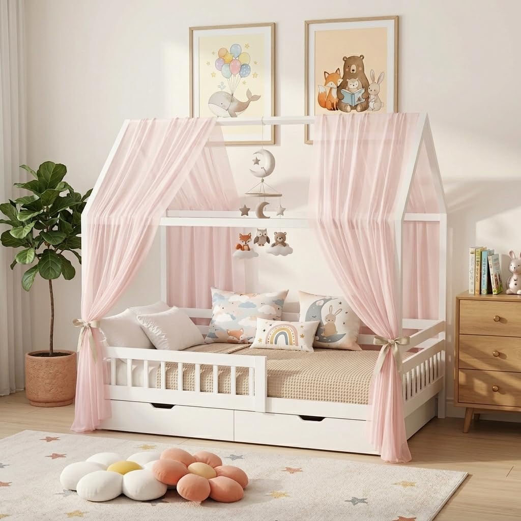 Hausbett Himmel 2er Set – Kinderbett Vorhänge für Hausbett, Montessori Kinderzimmer Deko, Betthimmel