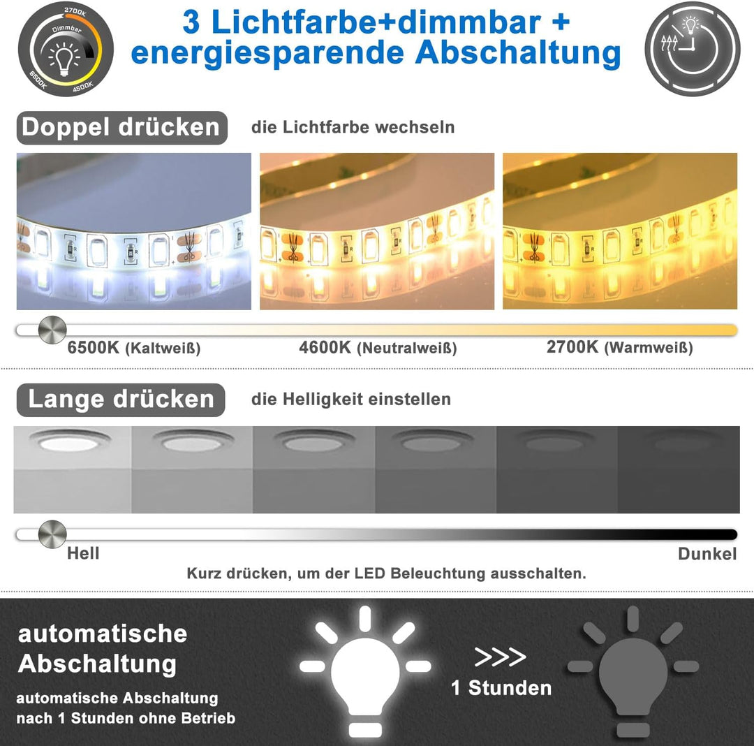 Aica Sanitär Badspiegel Rund 80cm Schwarz Spiegel mit LED Beleuchtung Warm/Neutral/Kaltweiss dimmbar