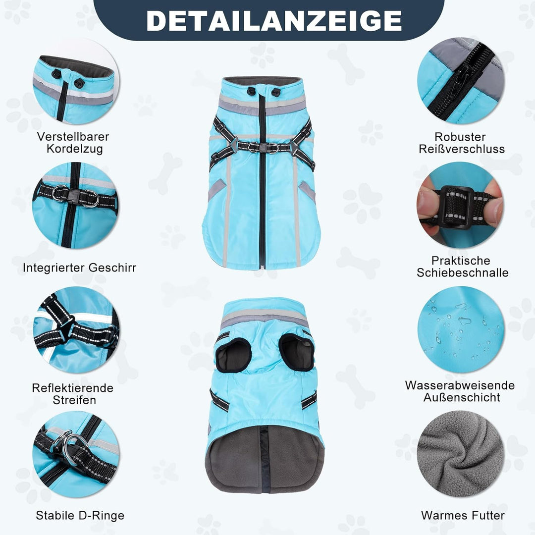 FEimaX Hundemantel Wasserdicht Winddichte Winter Fleece Hundejacke mit Geschirr Hund Wintermantel Wa