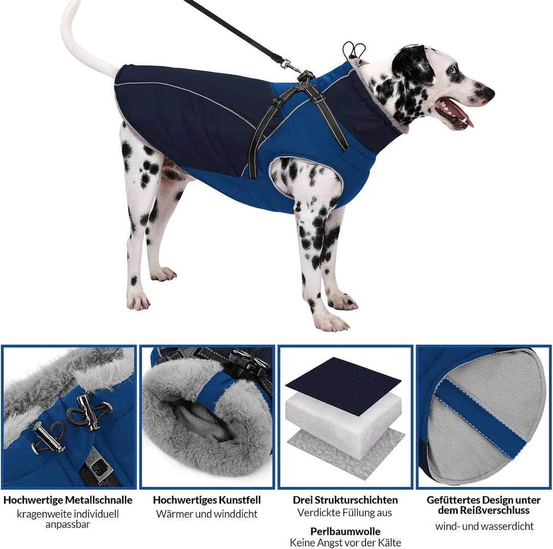 Hundejacke mit Geschirr Winter Wasserdicht Hundemantel mit leichtem Fleecefutter und reflektierende