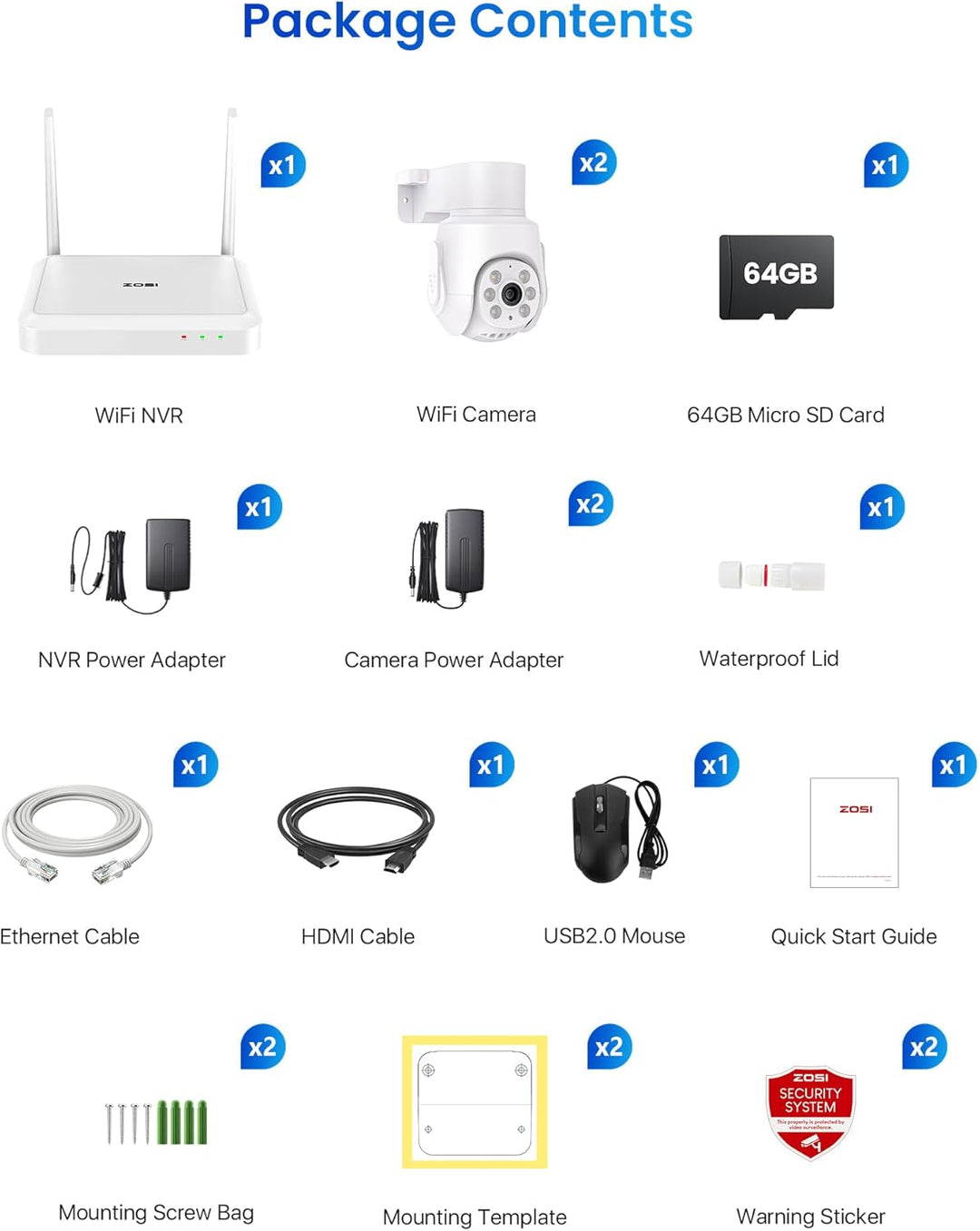 ZOSI 3K 5MP Wi-Fi 6 Überwachungskamera Set mit 2X 360° PTZ WLAN Kamera Aussen, 64GB Karte, Personenv