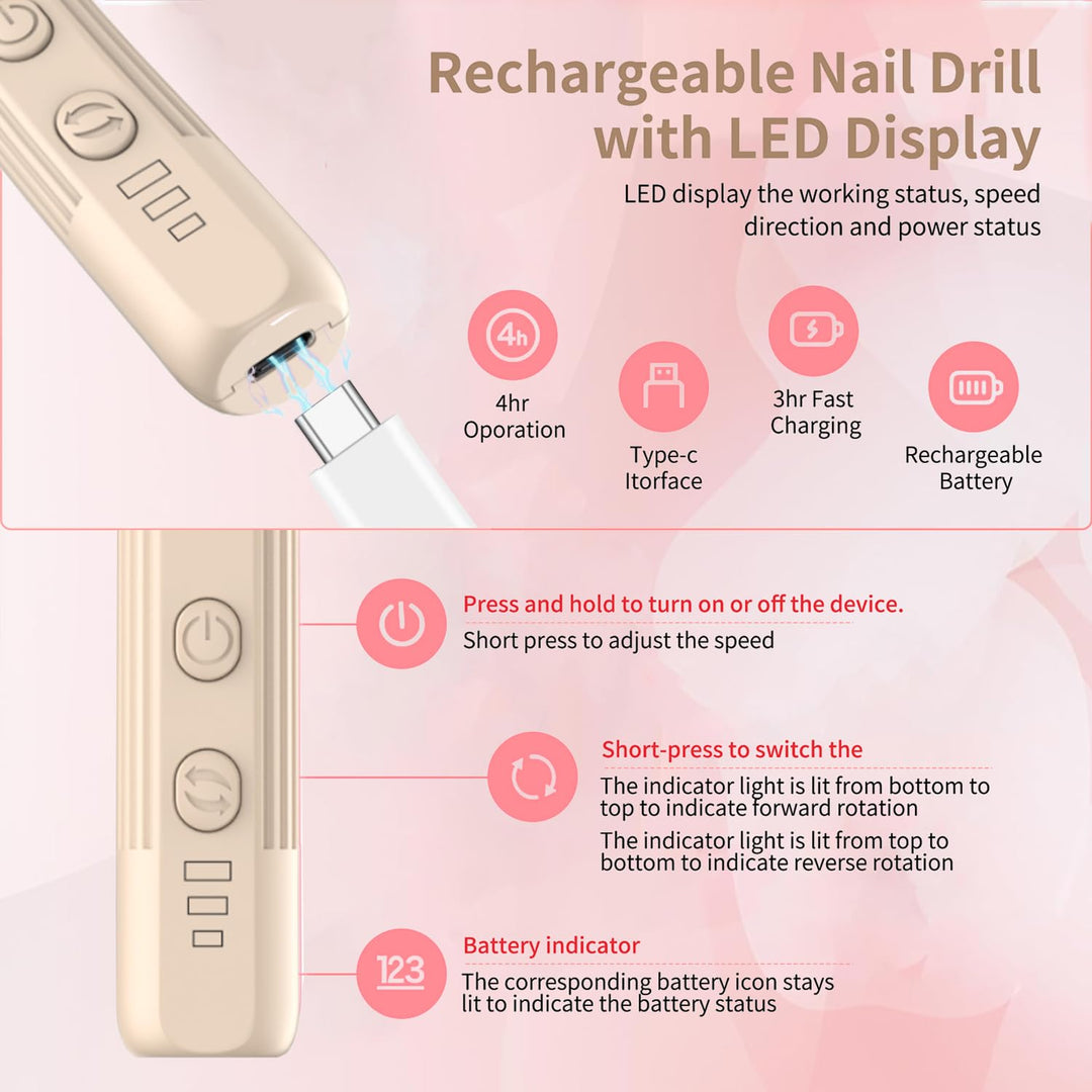 Elektrische Nagelfräser Professionell Elektrisch Nagelfeile für Gelnägel USB Wiederaufladbare 20000